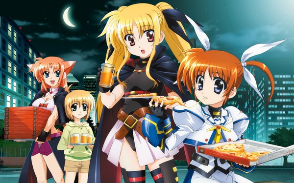 Anime picture 1680x1050 with mahou shoujo lyrical nanoha fate testarossa takamachi nanoha yuuno scrya arf wide image animal ears girl thighhighs