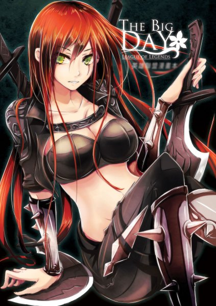 Anime picture 846x1200 with league of legends katarina (league of legends) beanbean1988 single long hair tall image light erotic red eyes red hair inscription midriff scar girl weapon sword armor kunai