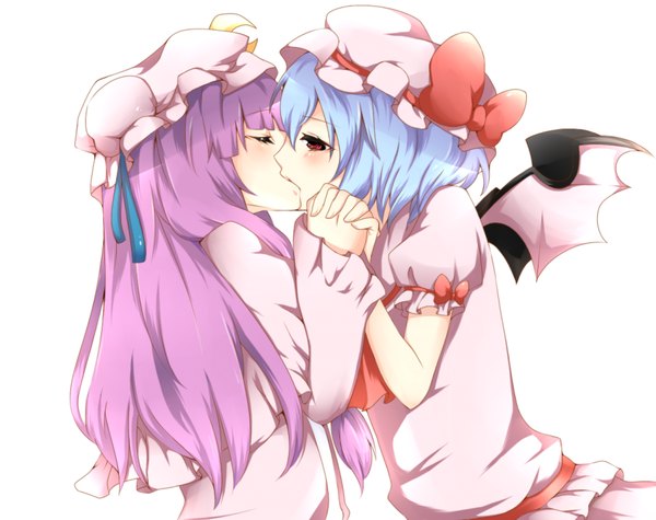 Anime picture 1000x792 with touhou remilia scarlet patchouli knowledge richard (ri39p) long hair short hair red eyes multiple girls blue hair purple hair eyes closed shoujo ai kiss girl dress bow 2 girls wings bonnet