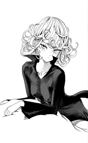 Anime picture 701x1138 with one-punch man madhouse tatsumaki murata yuusuke single tall image looking at viewer short hair simple background white background official art monochrome curly hair manga girl dress black dress