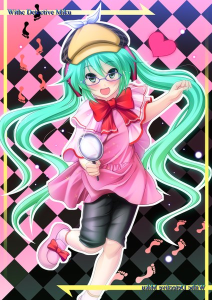 Anime picture 1000x1414 with vocaloid hatsune miku aosuke (ayakawa akito) single tall image blush open mouth twintails very long hair aqua eyes aqua hair detective girl glasses heart bowtie flat cap magnifying glass