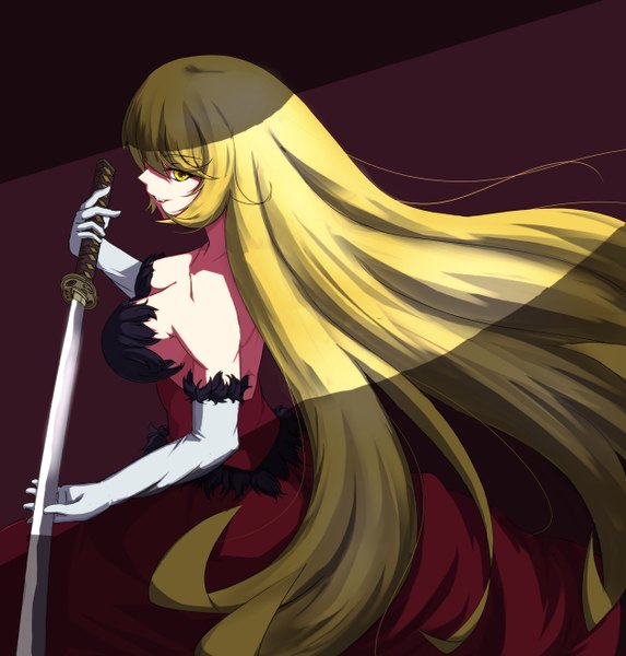 Anime picture 1260x1320 with bakemonogatari kizumonogatari shaft (studio) monogatari (series) kissshot acerolaorion heartunderblade yamaneko ken (artist) single long hair tall image blonde hair yellow eyes girl dress gloves weapon sword elbow gloves katana