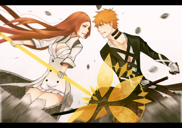 Anime picture 2480x1748 with bleach studio pierrot kurosaki ichigo inoue orihime persona92 (orichie) long hair highres short hair simple background smile white background cleavage profile orange hair letterboxed face to face battle girl thighhighs boy