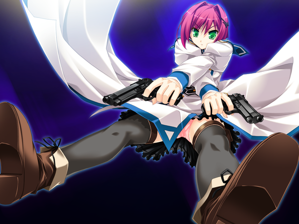 Anime picture 1600x1200 with bloody rondo (game) makita maki short hair light erotic simple background green eyes game cg red hair pantyshot girl thighhighs underwear panties weapon black thighhighs