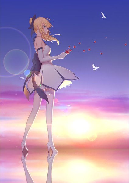 Anime picture 1500x2122 with fate (series) fate/unlimited codes type-moon artoria pendragon (all) saber lily maredoro single long hair tall image blush fringe blue eyes blonde hair smile bare shoulders looking away ahoge braid (braids) parted lips wind