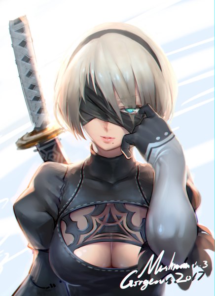 Anime picture 4000x5500 with nier nier:automata yorha no. 2 type b gorgeous mushroom single tall image looking at viewer fringe highres short hair light erotic signed absurdres silver hair upper body long sleeves parted lips aqua eyes light smile hair over one eye