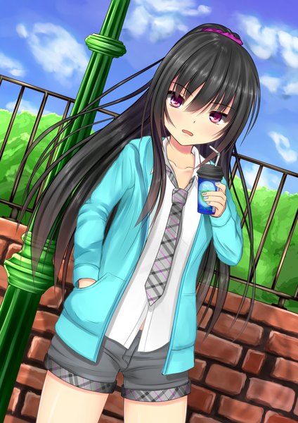 Anime picture 1447x2046 with original kurokami (kurokaminohito) single long hair tall image looking at viewer blush open mouth black hair purple eyes sky cloud (clouds) ponytail hands in pockets girl shirt necktie shorts