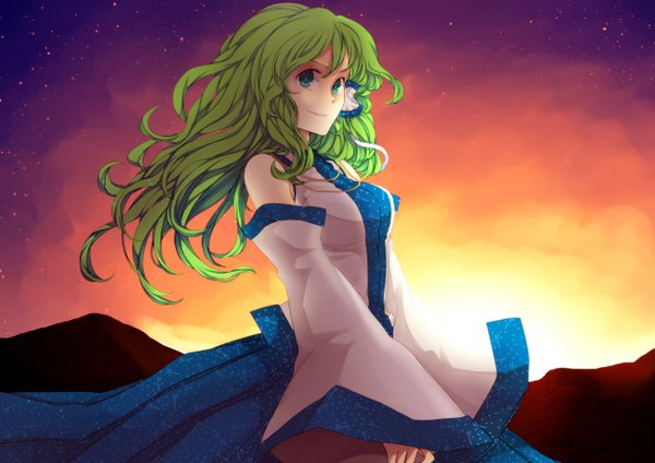 Anime picture 1402x992 with touhou kochiya sanae single long hair blue eyes green hair night evening sunset girl detached sleeves star (stars)