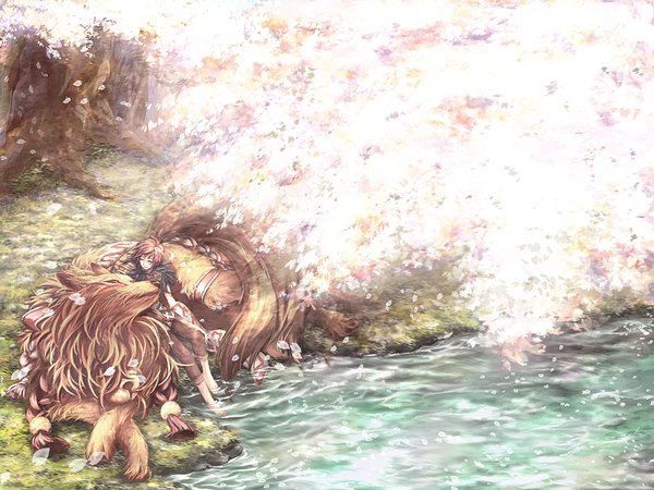Anime picture 1024x768 with ragnarok online sorcerer (ragnarok online) sahato single short hair brown hair sitting full body outdoors tail eyes closed barefoot from above cherry blossoms nature soaking feet girl plant (plants) animal petals