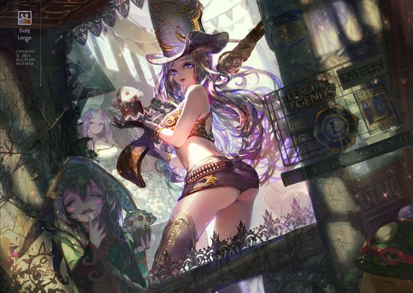 Anime picture 1900x1346 with league of legends lulu (league of legends) caitlyn (league of legends) teemo (league of legends) morgana (league of legends) crab d long hair looking at viewer blush highres open mouth light erotic purple eyes multiple girls pink hair purple hair ass eyes closed inscription finger to mouth