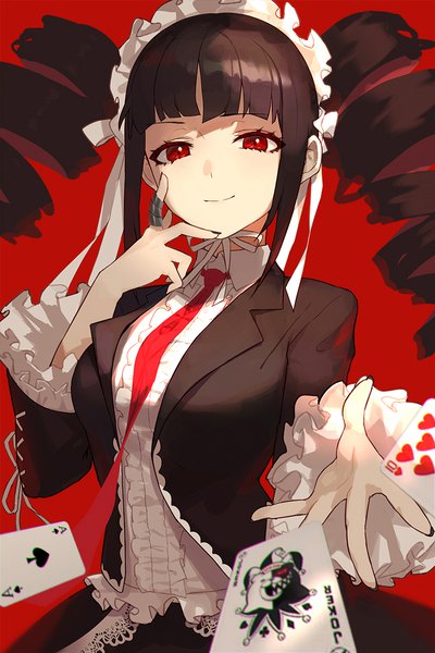 Anime picture 800x1200 with dangan ronpa monokuma celestia ludenberg seon (seonon ) single long hair tall image looking at viewer fringe breasts black hair simple background smile red eyes twintails payot upper body blunt bangs long sleeves nail polish