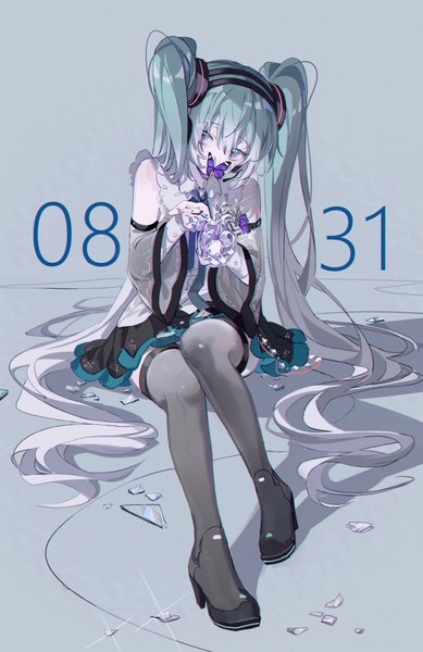 Anime picture 1619x2500 with vocaloid hatsune miku hatsune miku (nt) kanose single tall image looking at viewer fringe simple background hair between eyes sitting twintails full body very long hair nail polish aqua hair grey background sparkle dated gradient hair