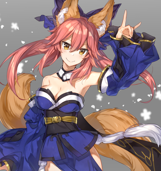 Anime picture 944x1000 with fate (series) fate/extra type-moon tamamo (fate) (all) tamamo no mae (fate) chocoan single long hair tall image looking at viewer blush fringe breasts simple background smile large breasts twintails bare shoulders animal ears yellow eyes