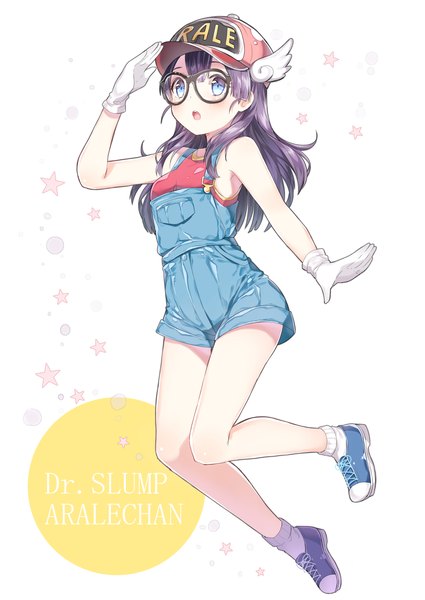 Anime picture 2508x3541 with dr. slump toei animation norimaki arale chitetan single long hair tall image looking at viewer highres breasts open mouth blue eyes smile white background bare shoulders purple hair full body bent knee (knees) :o copyright name