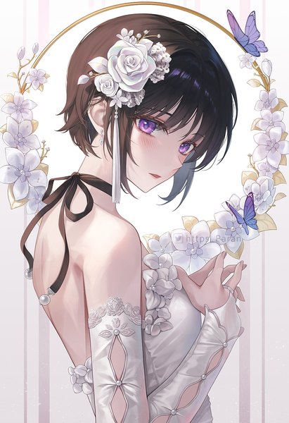 Anime picture 890x1300 with original paran single tall image looking at viewer blush fringe short hair open mouth black hair simple background purple eyes signed payot upper body hair flower twitter username fingers together girl flower (flowers)