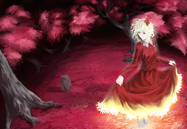 Anime picture 1500x1035 with touhou aki shizuha akaikitsune single short hair blonde hair yellow eyes autumn girl dress hair ornament plant (plants) tree (trees) leaf (leaves) red dress forest autumn leaves