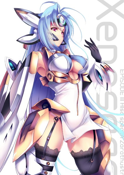 Anime picture 686x970 with xenosaga monolith software kos-mos fukai ryosuke single long hair tall image breasts light erotic red eyes white background blue hair inscription copyright name mecha musume girl thighhighs dress gloves black thighhighs