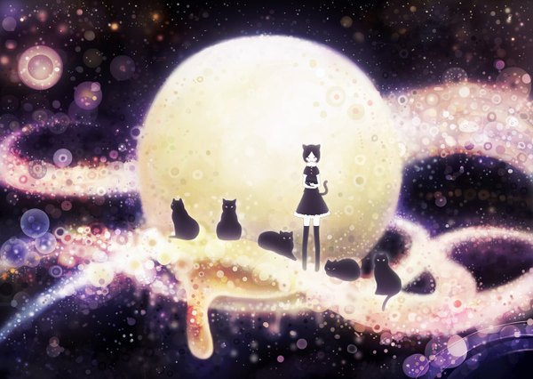 Аниме картинка 1406x1000 с оригинальное изображение kamin (pixiv) румянец короткие волосы чёрные волосы уши животного кошачьи уши кошачий хвост девушка платье луна звезда (звёзды) кот (кошка)