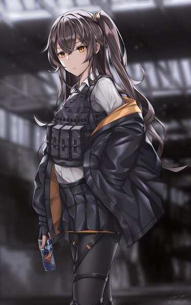 Anime picture 1000x1601 with girls frontline ump45 (girls frontline) vvy single long hair tall image fringe hair between eyes brown hair standing holding signed yellow eyes looking away pleated skirt blurry off shoulder open jacket depth of field twitter username