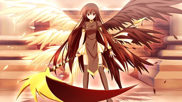 Anime picture 1280x720 with tiny dungeon (game) rosebleu vell sein black hair red eyes wide image game cg girl weapon wings scythe