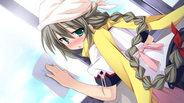 Anime picture 2048x1152 with namima no kuni no faust long hair blush highres blue eyes wide image game cg braid (braids) grey hair girl uniform school uniform