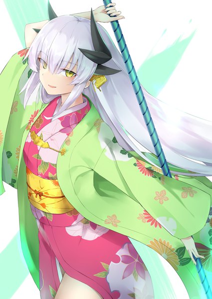 Anime-Bild 2507x3541 mit fate (series) fate/grand order kiyohime (fate) 100% single long hair tall image looking at viewer fringe highres smile hair between eyes holding yellow eyes payot silver hair traditional clothes japanese clothes horn (horns) wide sleeves