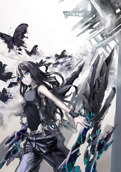 Anime picture 2480x3508 with original utsuro ku (artist) single long hair tall image highres blue eyes black hair monochrome casual girl insect butterfly