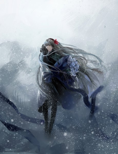 Anime picture 1292x1685 with original kzcjimmy single long hair tall image brown eyes looking away silver hair hair flower wind snowing winter snow girl hair ornament flower (flowers) bouquet