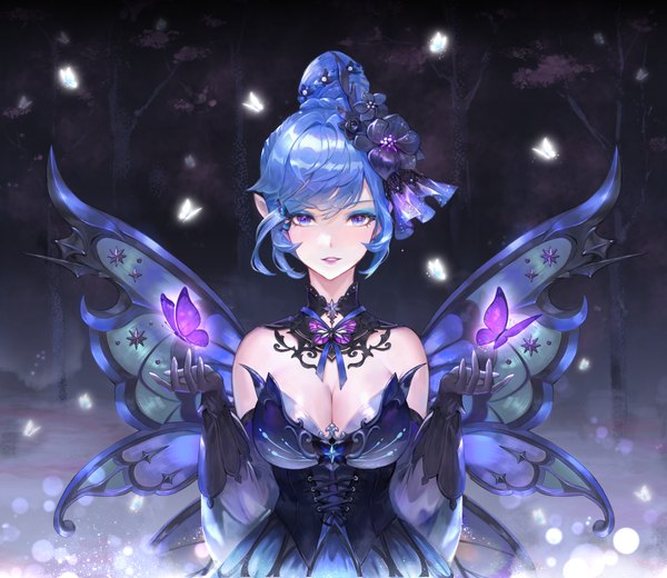 Anime picture 2607x2261 with original coldstone single looking at viewer blush fringe highres short hair breasts blue eyes light erotic large breasts standing payot blue hair parted lips hair flower night arms up hair bun (hair buns)
