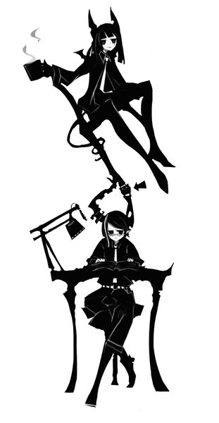Anime picture 1039x2000 with original kiku (kicdoc) long hair tall image looking at viewer black hair simple background white background sitting multiple girls horn (horns) pointy ears black eyes monochrome girl 2 girls shirt wings glasses necktie