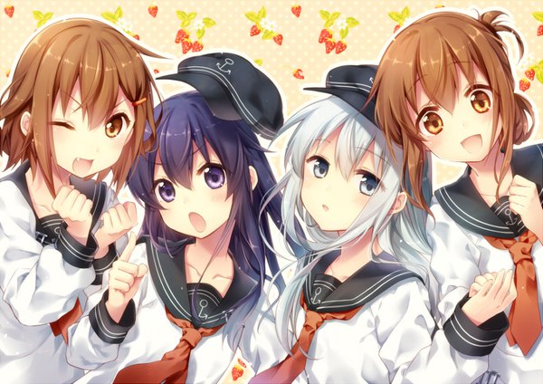 Anime picture 800x566 with kantai collection hibiki destroyer akatsuki destroyer inazuma destroyer ikazuchi destroyer riichu long hair looking at viewer blush fringe short hair open mouth hair between eyes brown hair purple eyes multiple girls brown eyes silver hair purple hair upper body