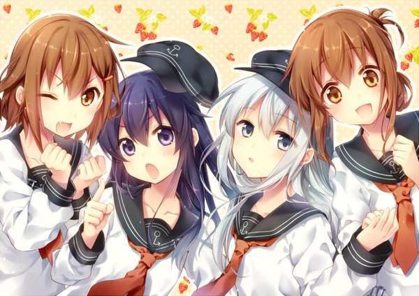 イラスト 800x566 と 艦隊これくしょん 響(艦これ) 暁(艦これ) 電(艦これ) 雷(艦これ) りいちゅ 長髪 カメラ目線 赤面 前髪 短い髪 開いた口 hair between eyes 茶色の髪 紫目 multiple girls 茶目 銀髪 purple hair upper body