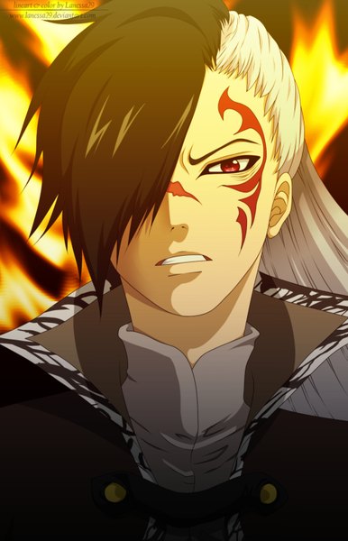 Anime picture 1000x1552 with fairy tail rogue cheney lanessa29 single long hair tall image fringe black hair red eyes white hair hair over one eye tattoo coloring facial mark portrait scar close-up boy