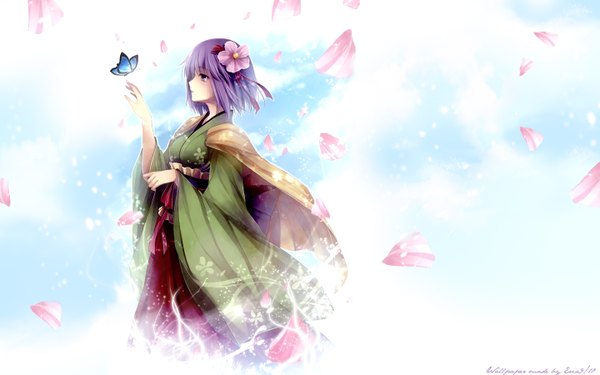 Anime picture 1440x900 with touhou hieda no akyuu wide image purple eyes purple hair japanese clothes hair flower scenic girl hair ornament petals kimono insect butterfly