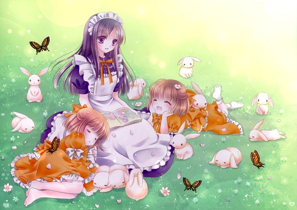 Anime picture 4230x2999 with miyu (tenshi no tsubasa) highres black hair brown hair purple eyes multiple girls absurdres eyes closed maid sleeping twins girl animal book (books) insect 3 girls butterfly apron child (children) bunny