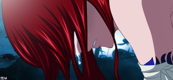 Anime picture 3000x1399 with fairy tail erza scarlet futuretabs single long hair highres wide image red hair profile tattoo tears coloring close-up hair over eyes girl bandage (bandages)