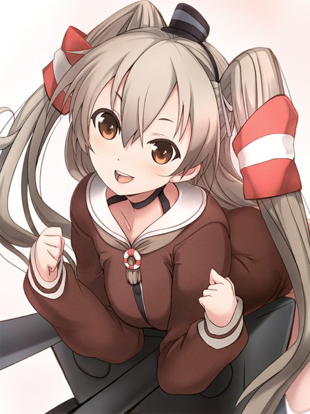 Anime picture 750x1000 with kantai collection amatsukaze destroyer sora to umi single long hair tall image looking at viewer blush brown eyes grey hair two side up girl dress hair ornament hat short dress hair tubes sailor suit mini hat mini top hat