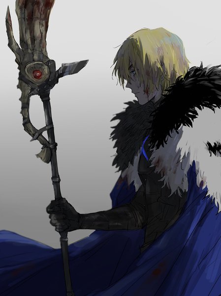 Anime picture 800x1068 with fire emblem fire emblem: three houses nintendo dimitri alexandre blaiddyd hmb game single tall image fringe short hair blue eyes simple background blonde hair hair between eyes standing holding looking away profile fur trim gradient background boy
