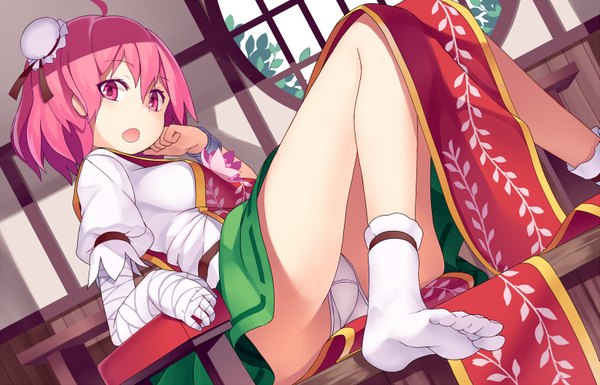 Anime picture 1555x1000 with touhou ibaraki kasen mikan (bunanoha) single short hair open mouth light erotic sitting pink hair indoors traditional clothes pink eyes hair bun (hair buns) pantyshot pantyshot sitting knees touching upskirt hand on cheek girl skirt