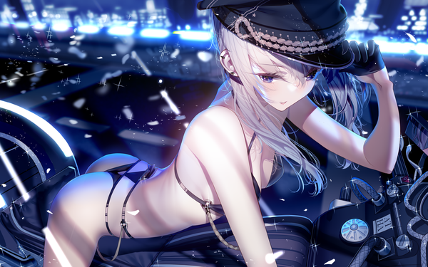 Anime picture 1920x1200 with original atha (leejuiping) single long hair blush fringe highres breasts light erotic smile hair between eyes large breasts sitting purple eyes looking away cleavage silver hair ass parted lips arm up