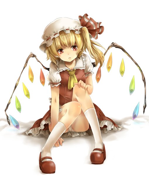 Anime picture 1508x1775 with touhou flandre scarlet rojiko tall image blush highres light erotic simple background blonde hair red eyes white background pantyshot one side up pantyshot sitting girl thighhighs dress underwear panties bow