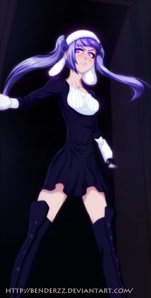 Anime picture 508x1000 with bleach studio pierrot dokugamine riruka benderzz single long hair tall image blush twintails purple hair pink eyes coloring girl dress black dress thigh boots