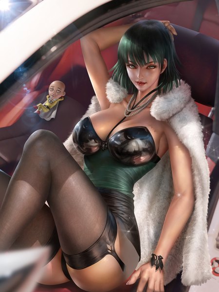 Anime picture 3000x4000 with one-punch man madhouse fubuki (one-punch man) saitama (one-punch man) yam spectrum tall image looking at viewer fringe highres short hair breasts light erotic large breasts sitting green eyes bent knee (knees) arm up fingernails green hair light smile