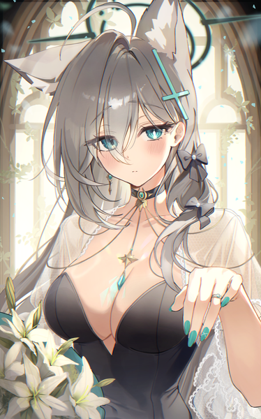 Anime picture 1900x3047 with blue archive shiroko (blue archive) shiroko terror (blue archive) iop5509 single long hair tall image looking at viewer blush fringe highres breasts light erotic hair between eyes large breasts animal ears cleavage ahoge nail polish aqua eyes
