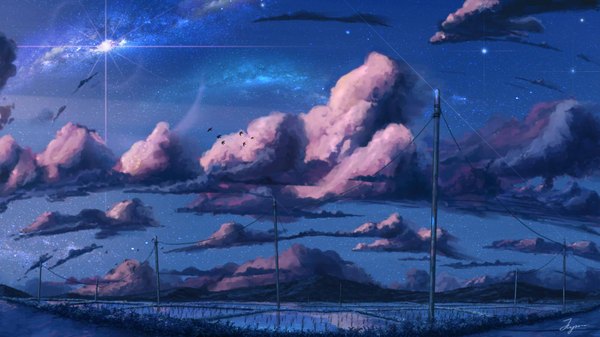 Anime picture 1600x900 with original niko p wide image signed sky cloud (clouds) evening no people landscape scenic star (stars) power lines rice paddy
