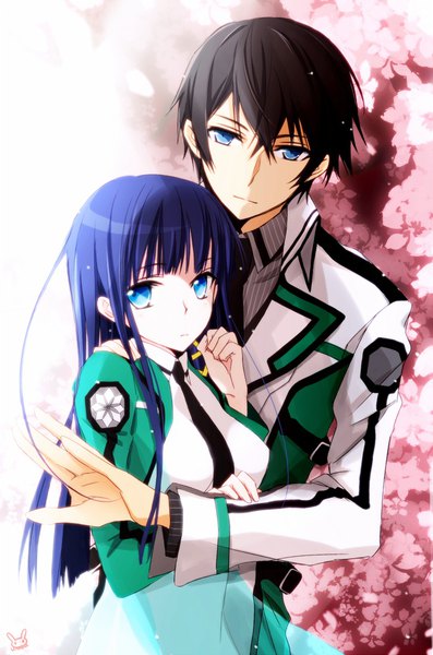 Anime picture 700x1056 with mahouka koukou no rettousei shiba miyuki shiba tatsuya tsukimori usako long hair tall image looking at viewer fringe short hair breasts blue eyes black hair simple background hair between eyes large breasts standing holding signed payot blue hair