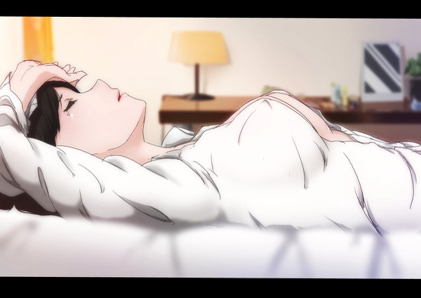 Anime picture 1200x849 with original torohi (marutorohi) single fringe short hair breasts light erotic black hair large breasts indoors lying eyes closed parted lips profile blurry on back open shirt depth of field letterboxed hand on head