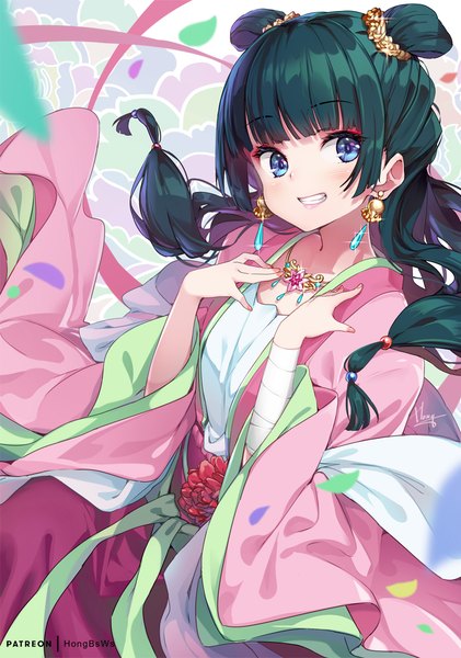 Anime picture 843x1200 with kusuriya no hitorigoto maomao (kusuriya no hitorigoto) hong (white spider) single long hair tall image looking at viewer fringe blue eyes smile blunt bangs traditional clothes green hair sparkle hair bun (hair buns) grin chinese clothes girl earrings bandage (bandages)