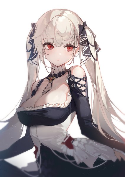 Anime-Bild 800x1132 mit azur lane formidable (azur lane) ttosom single long hair tall image fringe breasts light erotic simple background red eyes large breasts standing white background bare shoulders payot looking away cleavage silver hair blunt bangs