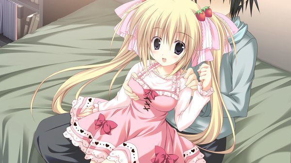 Anime picture 1280x720 with gakuou lohenstein annemarie korie riko long hair blush open mouth blue eyes blonde hair wide image sitting twintails game cg girl dress hair ornament bow ribbon (ribbons) hair ribbon